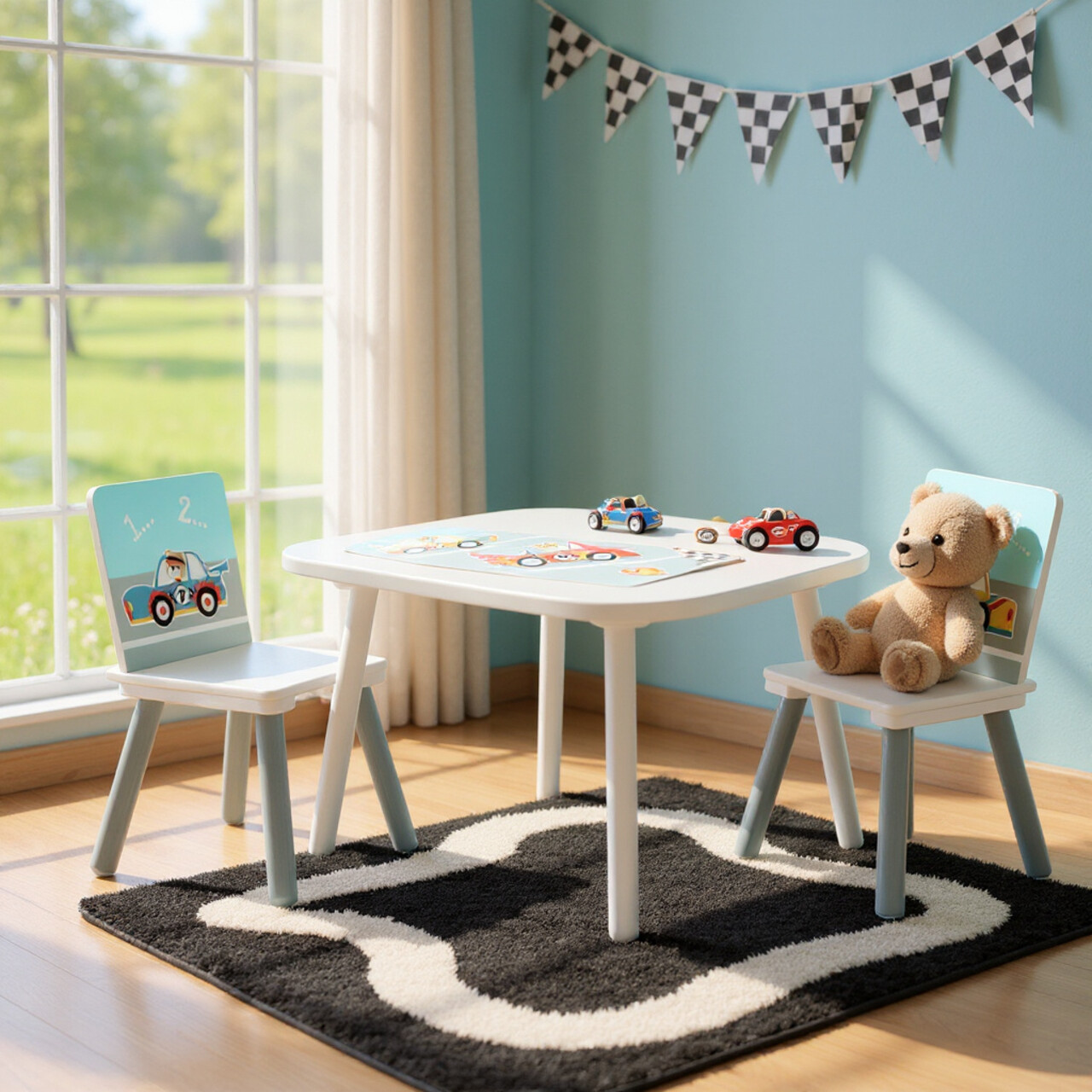 Set birou cu 2 scaune Cars, U-Grow, 60x60x44 cm / 26.8x26.8x51 cm, MDF/lemn de pin, alb/albastru - imagine 5